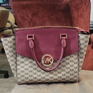 Michael Kors Hudson Maroon and Beige Satchel